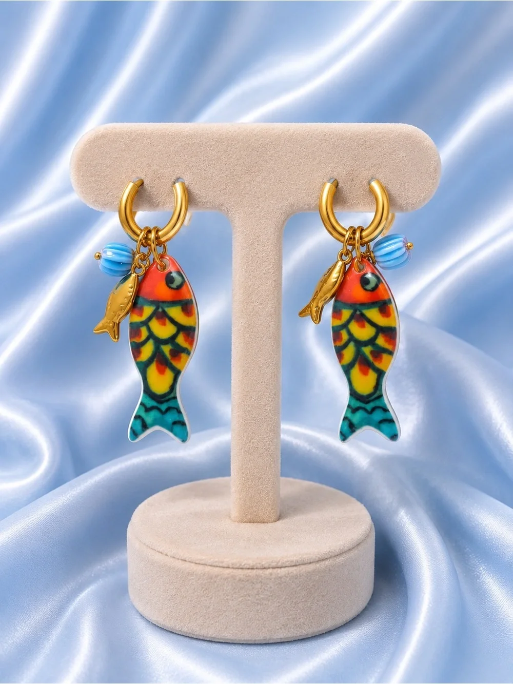Amalfi Gold Fish Charm Blue Multicolor Ceramic Earrings